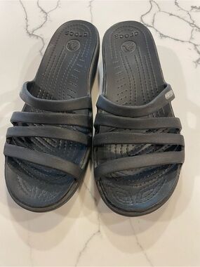 Crocs Rhonda Black Wedge Slide On Strappy Sandals